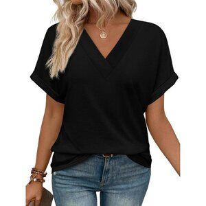 Womens Black Polyester Blend Short Dolman Sleeve V Neck Outfits Summer Tops